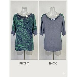 BKE Mixed Media Top Small Green Paisley Striped Boho Short Sleeve Shirt